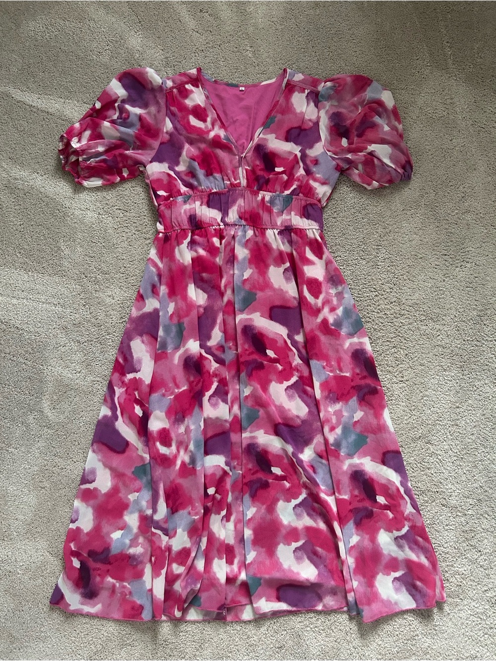Pink Watercolor Midi Dress with Puff Sleeves
